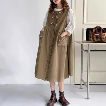 Johnature японские платья-майки без рукавов, осень-зима, милое винтажное женское платье с цветочной вышивкой и карманами