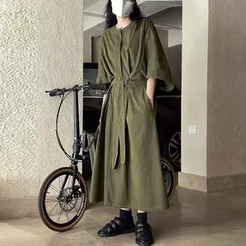 Johnature японские платья-рубашки-карго, весна-лето, повседневное однотонное свободное платье с завязками на талии, простое литературное платье