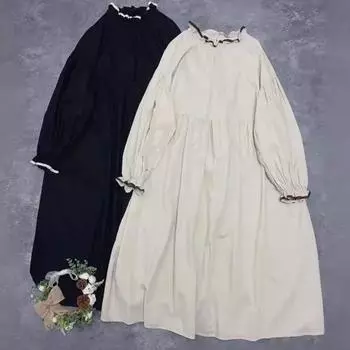 Johnature японские платья с оборками и воротником, весеннее повседневное однотонное свободное женское платье с однотонными карманами One Size чёрный