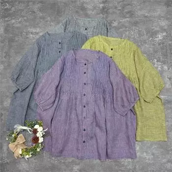 Johnature японские плиссированные рубашки с круглым вырезом и аккордеоном, летние тонкие клетчатые универсальные топы с короткими рукавами One Size чёрный