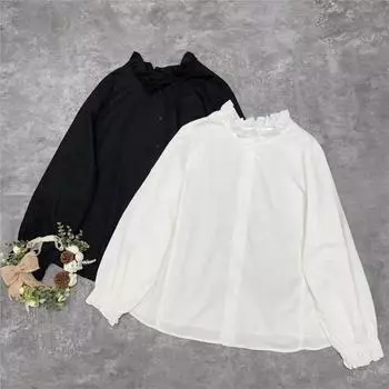 Johnature японские рубашки с оборками и воротником, рубашки с длинным рукавом, весенне-летние свободные универсальные топы, повседневные женские рубашки One Size чёрный