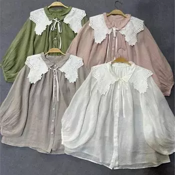 Johnature японские женские рубашки со съемным воротником и рукавами-фонариками, весенне-летние винтажные однотонные блузки