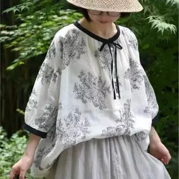 Johnature японский принт контрастная рубашка на шнуровке женские летние японские свободные универсальные топы с короткими рукавами блузки