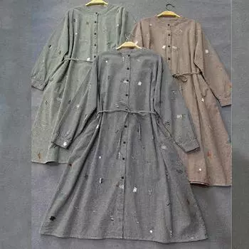 Johnature японское клетчатое платье с длинными рукавами и вышивкой, женские осенние хлопковые платья с воротником-стойкой и завязками на талии