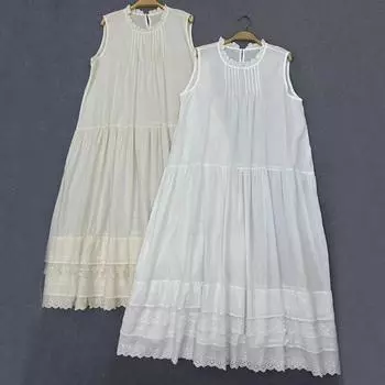 Johnature японское мори женское платье без рукавов с ушками и круглым вырезом, тонкое многослойное кружевное хлопающее платье на весну и лето, повседневные платья One Size белый