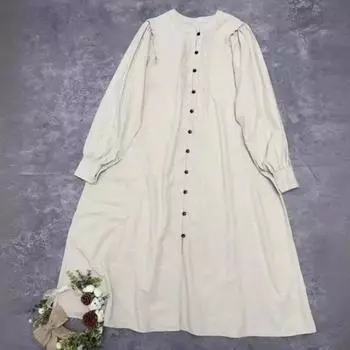 Johnature японское платье на пуговицах с цветочным принтом, свободное весеннее платье с длинными рукавами, повседневное однотонное хлопковое женское платье Mori One Size бежевый