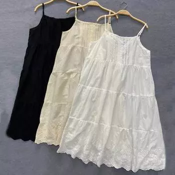 Johnature японское свободное женское платье без рукавов на тонких бретельках, летние повседневные универсальные однотонные платья с вышивкой