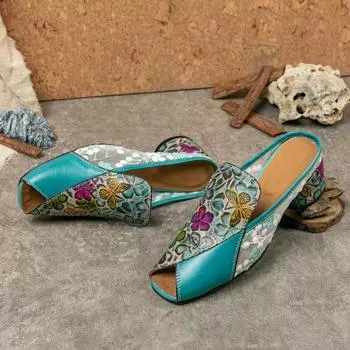 Johnature расписные тапочки ручной работы; женские босоножки на круглом каблуке из натуральной кожи в этническом стиле с кружевом в стиле пэчворк 36 синий