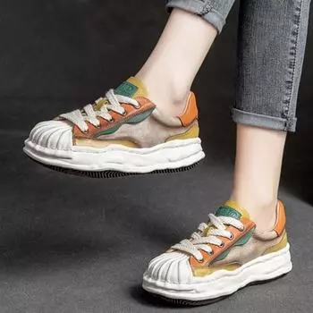 Johnature, разноцветная обувь на плоской подошве, женские кроссовки, вулканизированная обувь ручной работы на шнуровке из натуральной кожи для отдыха на платформе