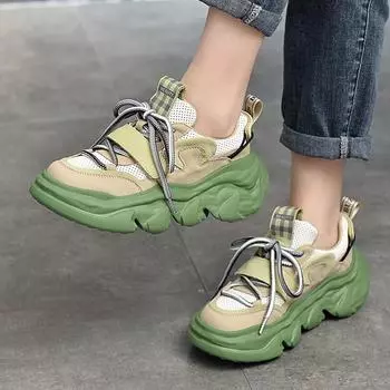 Johnature, разноцветные кроссовки из натуральной кожи с дышащей сеткой, женские спортивные кроссовки на шнуровке для отдыха, вулканизированная обувь на платформе 35 зелёный