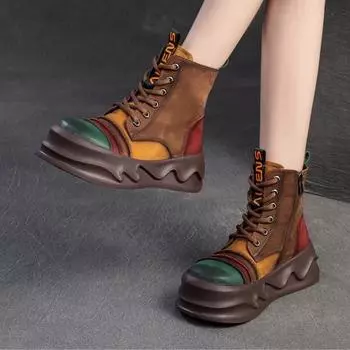 Johnature Разноцветные полусапожки из натуральной кожи в стиле ретро с толстой подошвой Короткие сапоги Универсальная женская обувь 35 верблюд