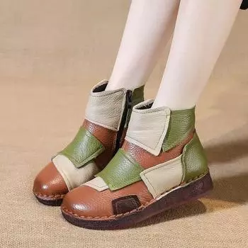 Johnature, разноцветные полусапожки из натуральной кожи в этническом стиле, теплая хлопковая обувь, повседневная женская обувь на плоской подошве 35 коричневый