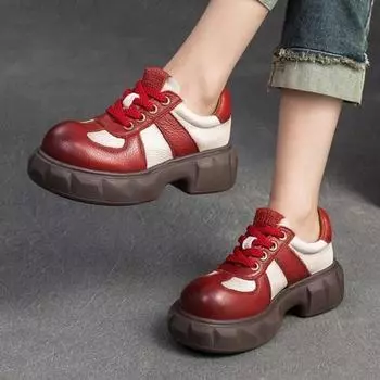 Johnature/разноцветные туфли-лодочки на шнуровке в стиле ретро, повседневная универсальная женская обувь из натуральной кожи с круглым носком и толстой подошвой 35 чёрный