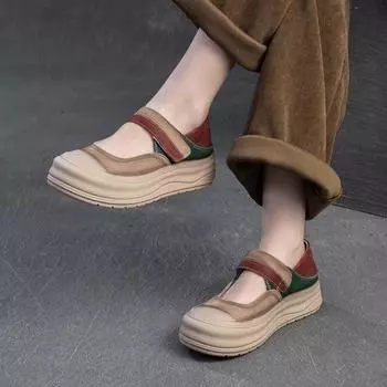 Johnature Разноцветные туфли в стиле ретро с круглым носком и толстой подошвой из натуральной кожи Удобные женские туфли на плоской платформе 35 красный