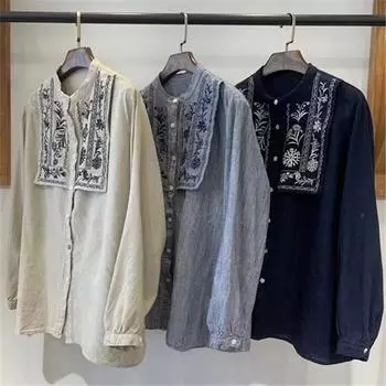 Johnature Ретро этнический стиль вышитая рубашка женская весенняя повседневная японская свободная универсальная пэчворк топы One Size синий