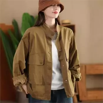 Johnature Ретро Большие Карманы Модное Повседневное Пальто Женское Осеннее Однотонное Однобортное Пальто Сшивания One Size чёрный