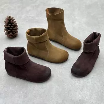 Johnature Ретро Ботинки ручной работы из натуральной кожи с круглым носком и плоской подошвой из матовой коровьей кожи для женщин 35 хаки