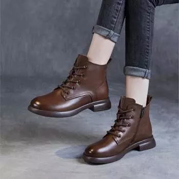 Johnature Ретро Британский Стиль Натуральная Кожа Туфли Круглый Носок Толстый Каблук Универсальные Короткие Женские Ботинки Из Яловичной Кожи 35 коричневый