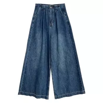 Johnature Retro Casual Washed Jeans Women Autumn Wide-leg Floor-length Pants S