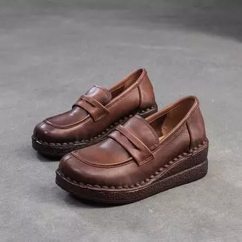 Johnature Retro Commuter Loafers Genuine Leather Wedges Pumps Casual Versatile Women s Slip-on Shoes 35