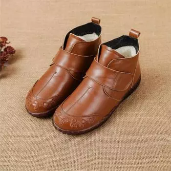Johnature Retro Cotton Shoes Genuine Leather And Plush Warm Soft Sole Anti Slip Flat Bottom Short Boots