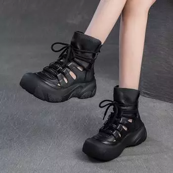 Johnature Ретро дышащие римские полые ботинки на толстой подошве универсальные женские туфли из натуральной кожи 35 чёрный