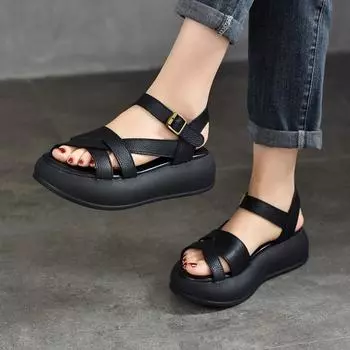 Johnature Ретро дышащие римские сандалии на толстой подошве, удобная женская обувь на платформе из натуральной кожи с открытым носком 35 чёрный
