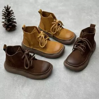 Johnature Ретро Натуральная Кожа Короткие Сапоги Широкий Носок Шнуровка Кожаные Женские Сапоги Мягкая Подошва 35 коричневый