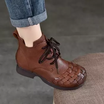 Johnature Retro Hand Woven Натуральная кожа Женские сапоги Натуральная кожа Шнуровка Круглый носок Короткие сапоги 35 чёрный