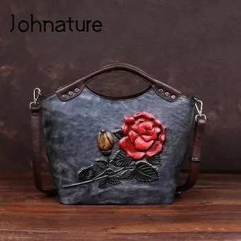 Johnature Ретро из натуральной воловьей кожи, женские сумки на плечо и через плечо, сумка из натуральной кожи, сумка для отдыха с тиснением розы красно-коричневый