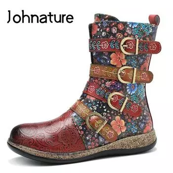 Johnature Ретро кожаные ботинки с пряжкой и сломанным цветком, удобная женская обувь с круглым носком и плоской подошвой 36 красный