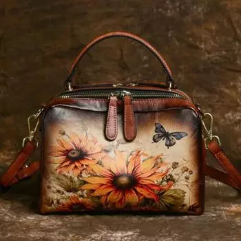 Johnature Ретро кожаные женские сумки на ремне, ручная роспись, универсальная женская сумка большой вместимости коричневый