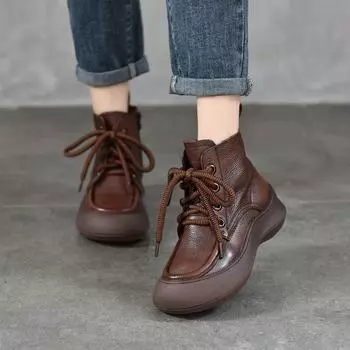 Johnature Retro Lace Up Soft Soleil Короткие Ботинки Из Натуральной Кожи Универсальные Однотонные Женские Туфли 35 чёрный