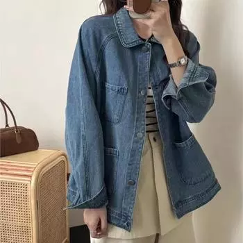 Johnature Ретро лацкан осенние карманные джинсовые куртки осень зима женские японские пальто с рукавами реглан One Size