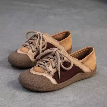 Johnature Ретро Легкие Повседневные Женские Туфли из Натуральной Кожи Смешанных Цветов на Мягкой Подошве на Шнуровке 35 кофейный