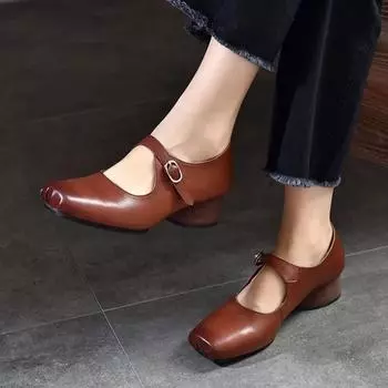 Johnature Ретро-лодочки из натуральной кожи с квадратным носком Туфли Мэри Джейн Универсальная женская обувь на каблуке 39 чёрный