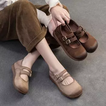 Johnature Retro Мягкая кожа Мягкая подошва Удобные балетки с круглым носком из коровьей кожи Женские туфли для поездок на работу 35 коричневый