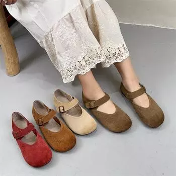 Johnature Ретро мягкая воловья кожа ремень пряжка неглубокие балетки универсальный круглый носок мягкая подошва женская обувь 35 абрикосовый