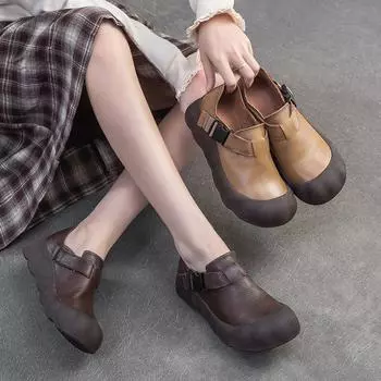 Johnature Retro Мягкие кожаные туфли на толстой подошве с пряжкой Повседневные и удобные женские туфли на плоской платформе 35 абрикосовый