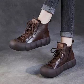 Johnature Ретро Натуральная Кожа Короткие Ботинки Мартин Ботинки На Толстой Подошве Плоские Женские Туфли 35 чёрный