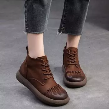 Johnature Ретро Натуральная Кожа Короткие Ботинки Круглый Носок Однотонные Удобные Простые Плоские Туфли Женские 35 кофейный