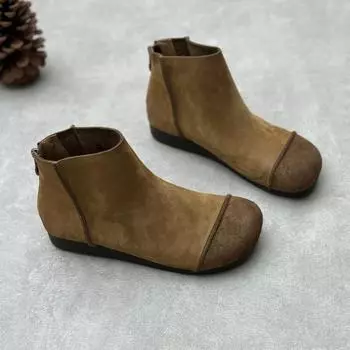 Johnature Ретро Натуральная кожа Круглый носок Плоские короткие ботинки Повседневные однотонные мягкие подошвы женские ботильоны 35 хаки
