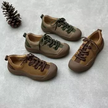 Johnature Ретро Натуральная Кожа Плоские Туфли Повседневные Спортивные Круглый Носок Шнуровка Мягкая Подошва Женские Туфли 35 коричневый