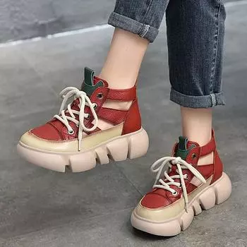 Johnature Ретро натуральная кожа Сандалии на шнуровке на толстой подошве Повседневная женская обувь на платформе с круглым носком и вырезами