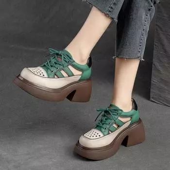 Johnature Ретро натуральная кожа Сандалии на шнуровке на толстой подошве Женские туфли на толстом каблуке с круглым носком и вырезом 35 бежевый