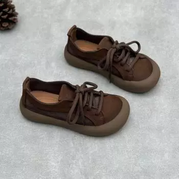 Johnature Ретро натуральная кожа шнуровка женские туфли повседневные круглый носок коровья кожа балетки 35 кофейный