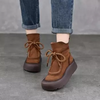 Johnature Ретро Натуральная кожа Толстая подошва Короткие сапоги Круглый носок Женские туфли на плоской платформе 35 коричневый