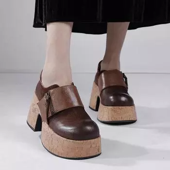 Johnature Ретро Натуральная Кожа Толстые Каблуки Туфли-лодочки Круглый Носок Универсальные Модные Женские Туфли На Платформе 36 чёрный