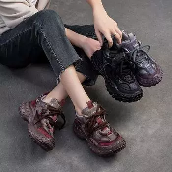 Johnature Ретро Натуральная Кожа Вулканизированная Обувь Модные Универсальные Кроссовки На Толстой Подошве Платформы Женская Обувь 35 чёрный