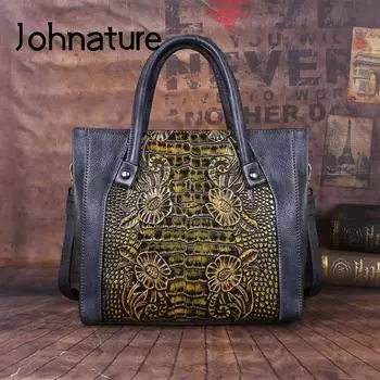 Johnature Ретро натуральная кожа женская сумка ручной работы первый слой коровьей кожи большая вместительная сумка с тиснением сумки на плечо коричневый